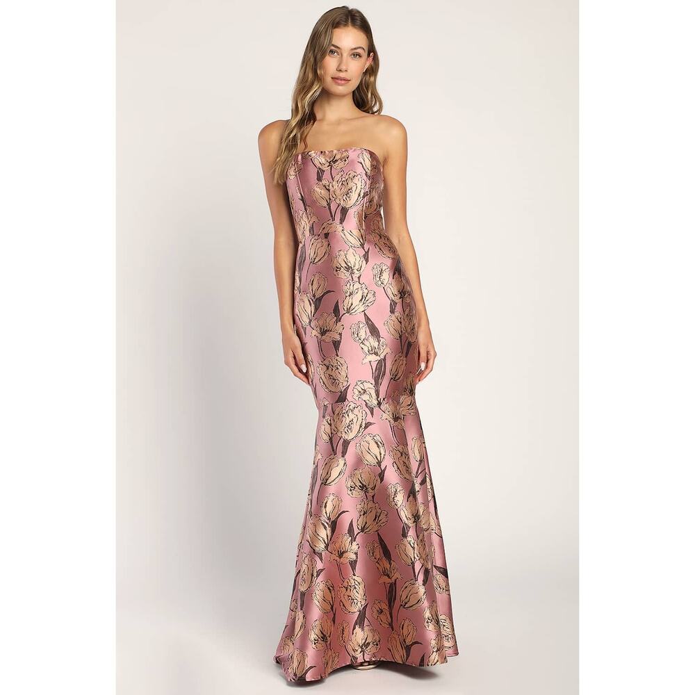 NWT Lulus Gowning Around Mauve Floral Jacquard Strapless Maxi Dress Party Gala L - Picture 3 of 10